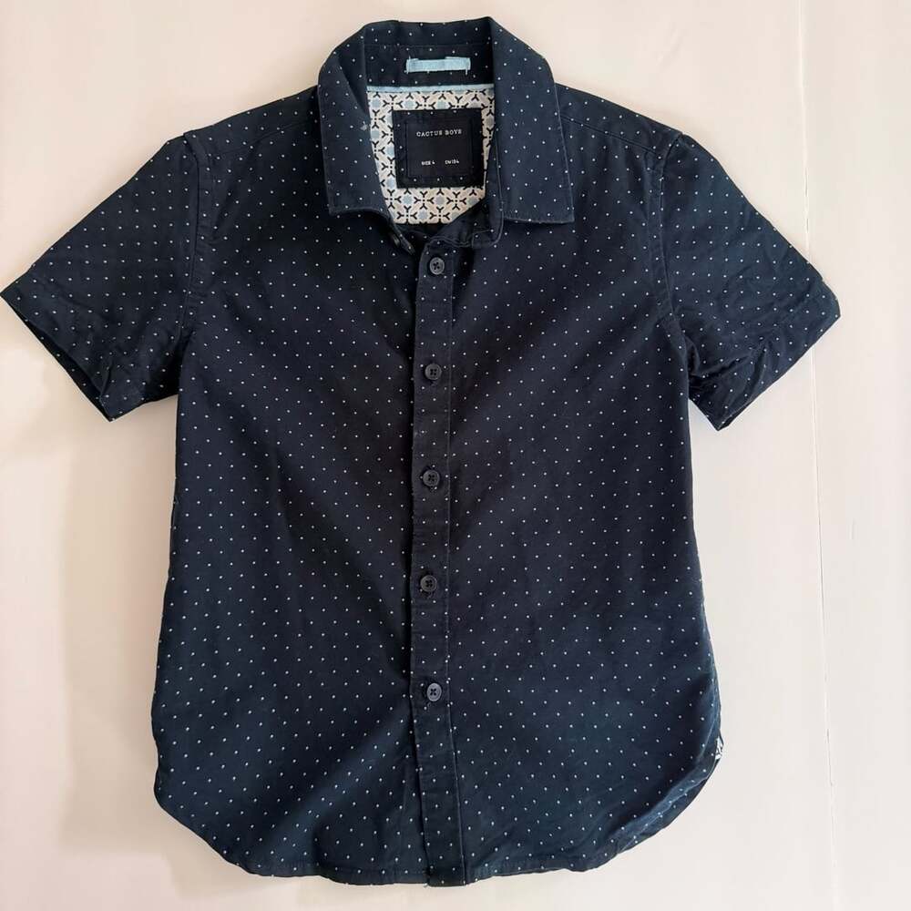 Cactus Boys Navy Blue Polka Dot Short Sleeve Button Down Shirt Size 4